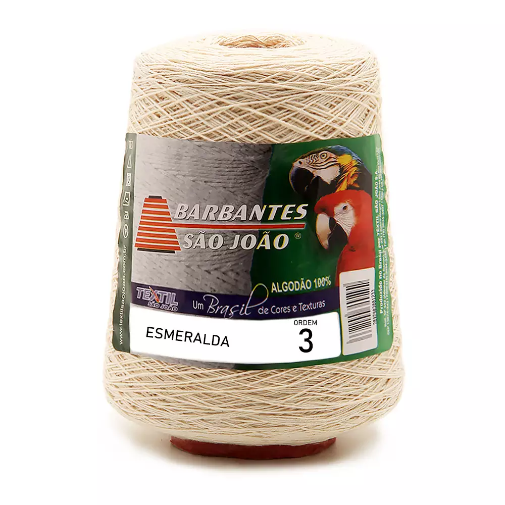 Cone de Barbante Esmeralda São João em algodão cru 100%, com rótulo verde mostrando as araras e a marca ESMERALDA