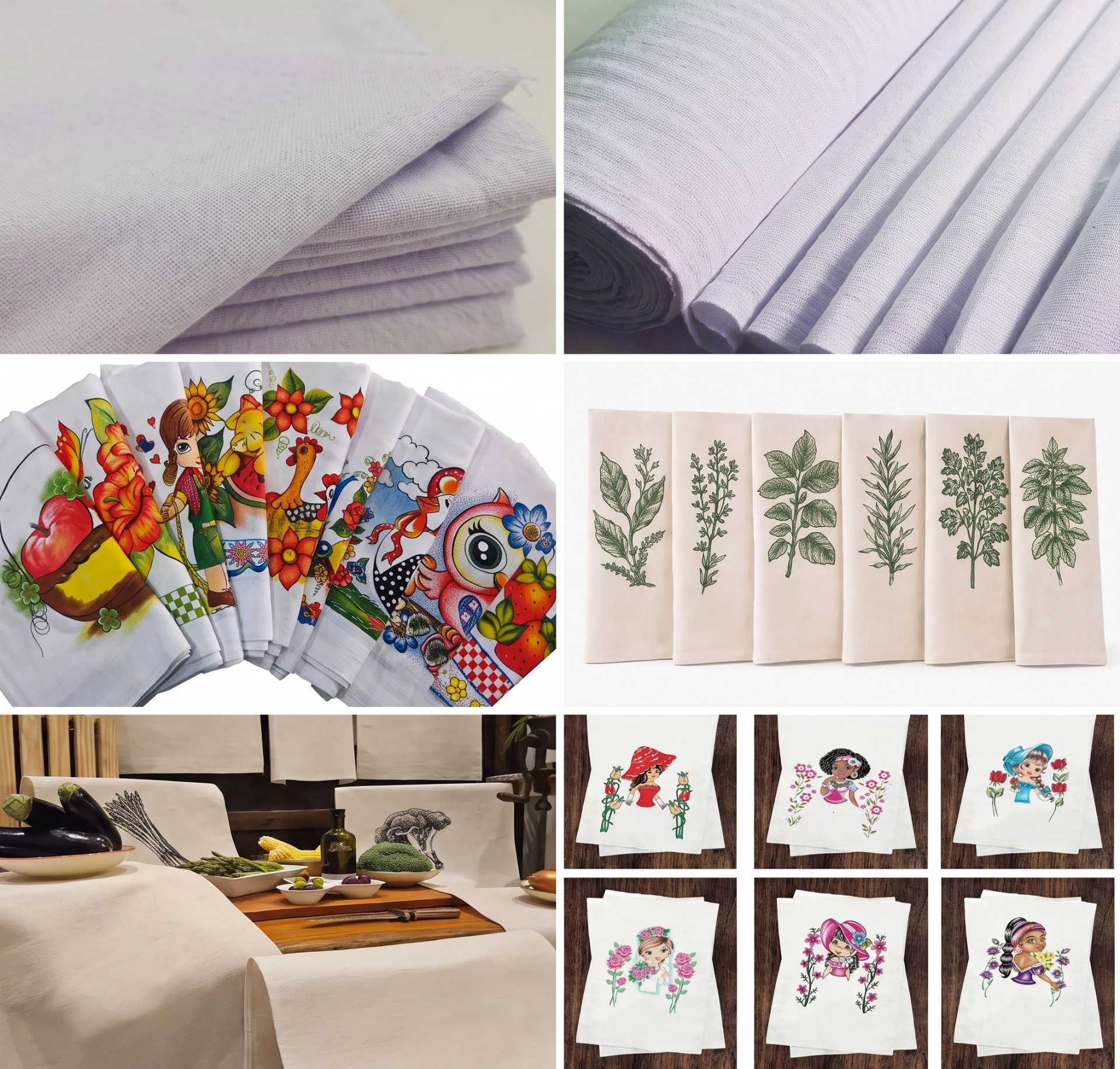 Colagem de panos de prato estampados e lisos em branco e creme, com ilustrações de frutas, galinhas, ervas e flores