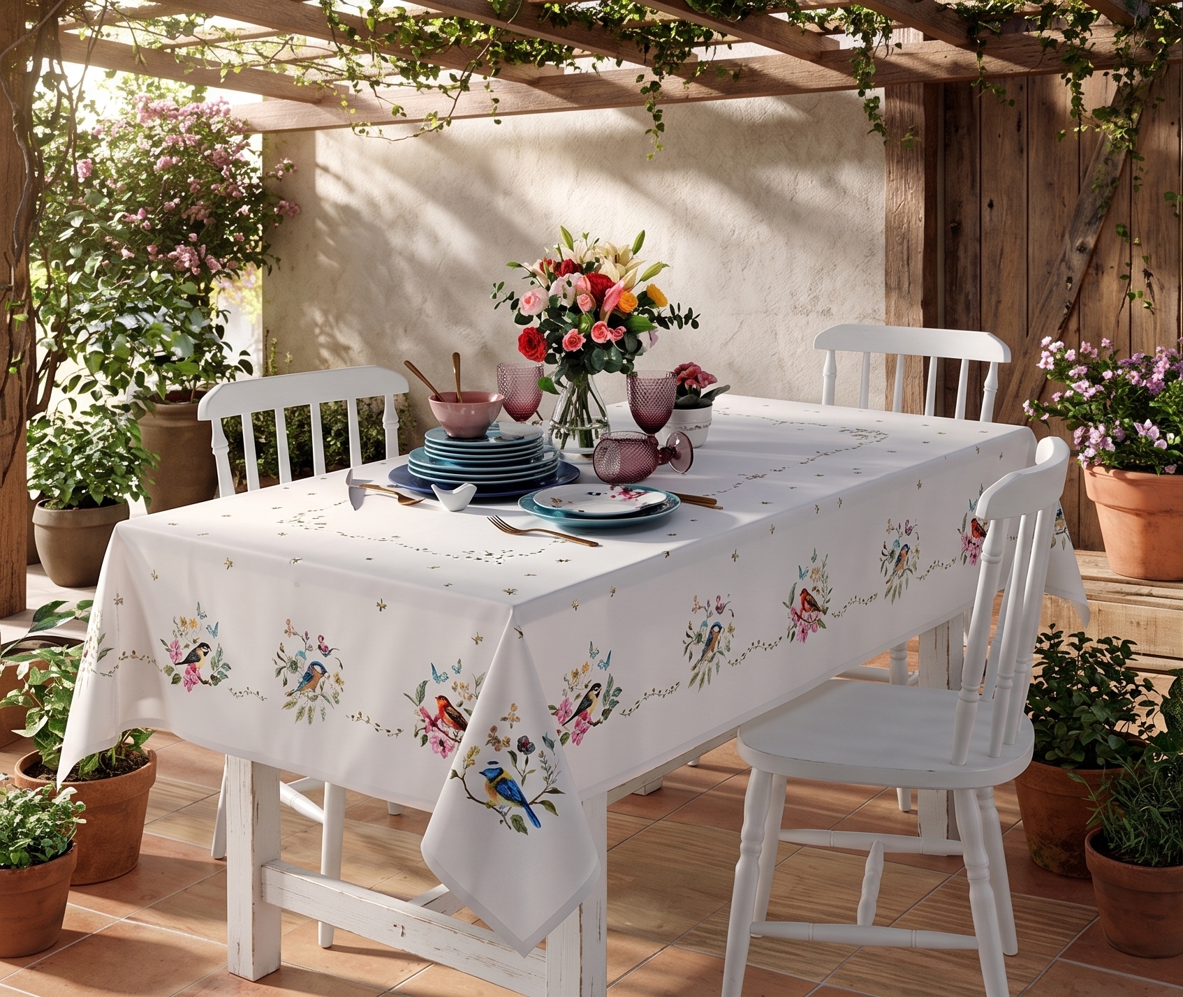 Mesa posta ao ar livre com toalha de mesa de tecido Dehler estampada com pássaros e flores