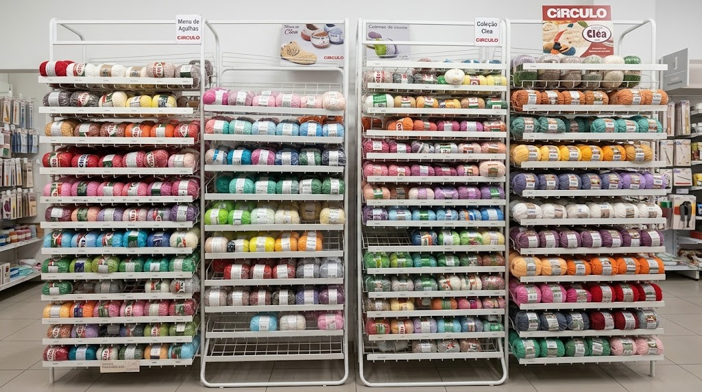 Estantes brancas com novelos Círculo em dezenas de cores, com placas da Trilha da Círculo e Coleção Cléa